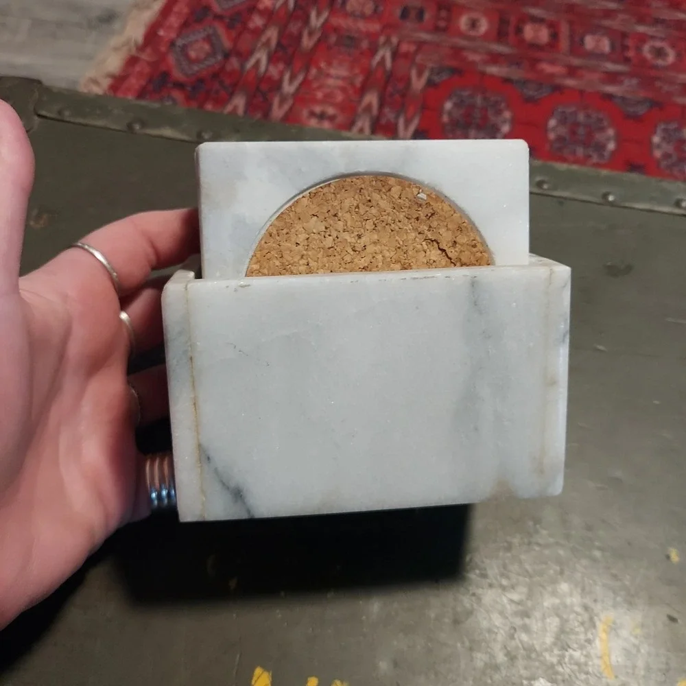 White Marble and Cork Square Coaster Set of 6 with Matching Holder 4 Inch